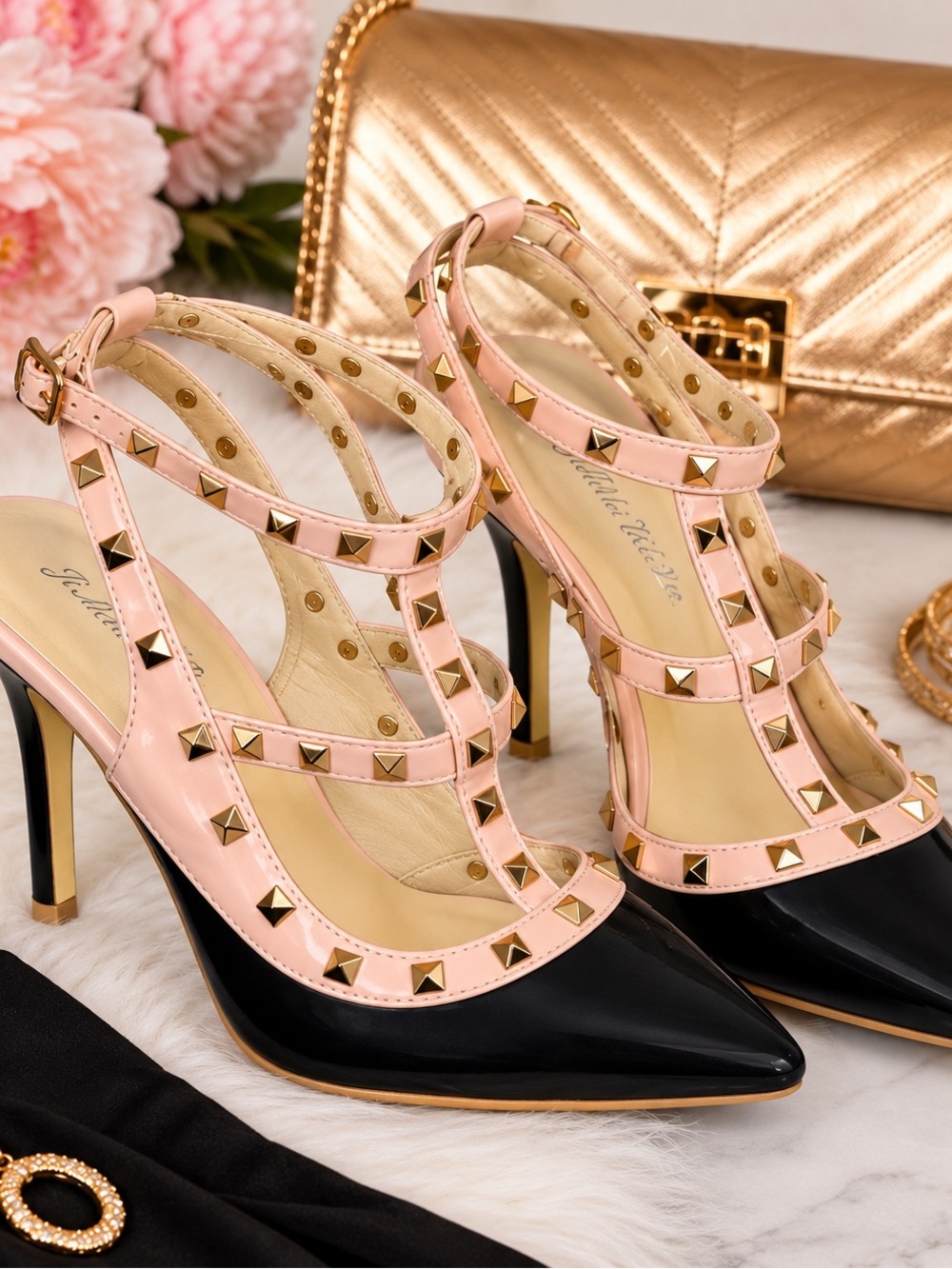 Ji Mei Xie Ye Black Pink Studded T-Strap Pointed Toe Stiletto Heels